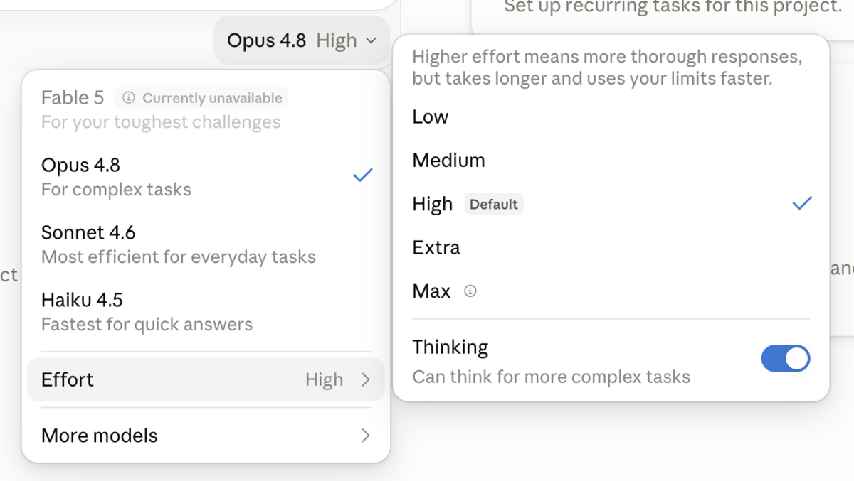 The model menu open, showing one model for complex tasks, one most efficient for everyday tasks, and one fastest for quick answers.