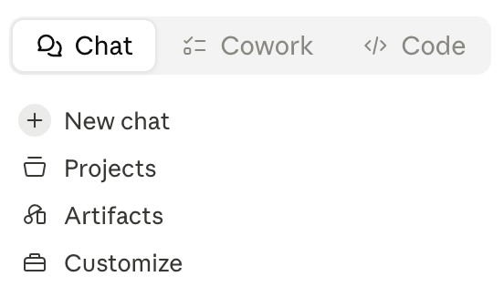 The top of the sidebar showing New chat, with Projects, Artifacts and Customize below it.