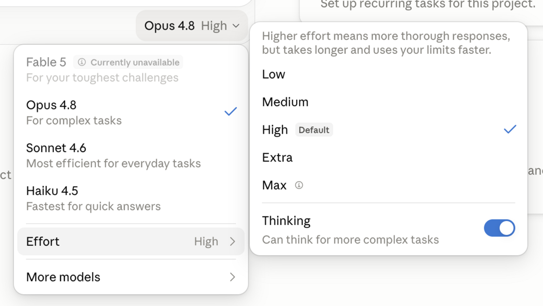 The model menu open, showing a model for complex tasks, one most efficient for everyday tasks, and one fastest for quick answers, with an effort setting.