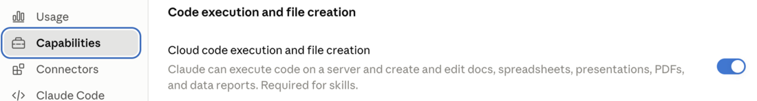 The Capabilities settings showing the Code execution and file creation toggle switched on.