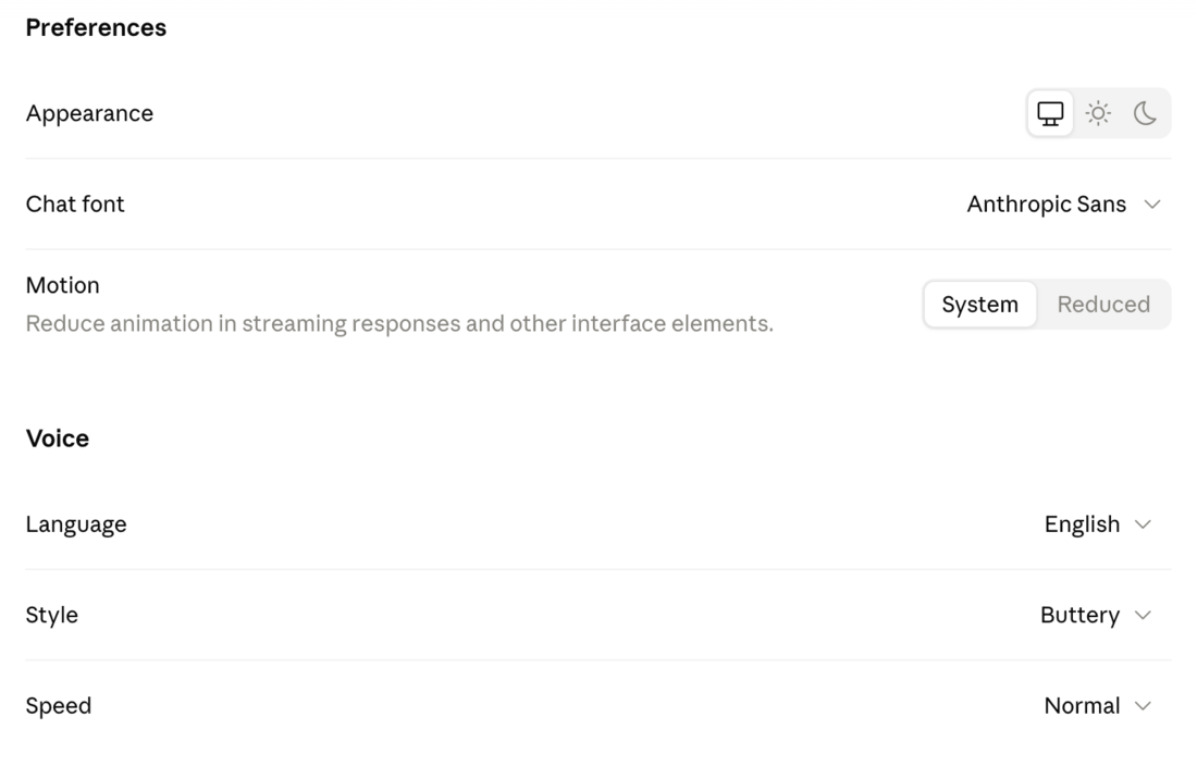 The Preferences and Voice settings showing appearance, chat font, motion, and voice language, style and speed.