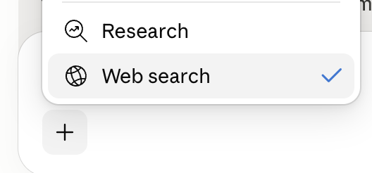 The plus menu showing the Web search option switched on with a tick.